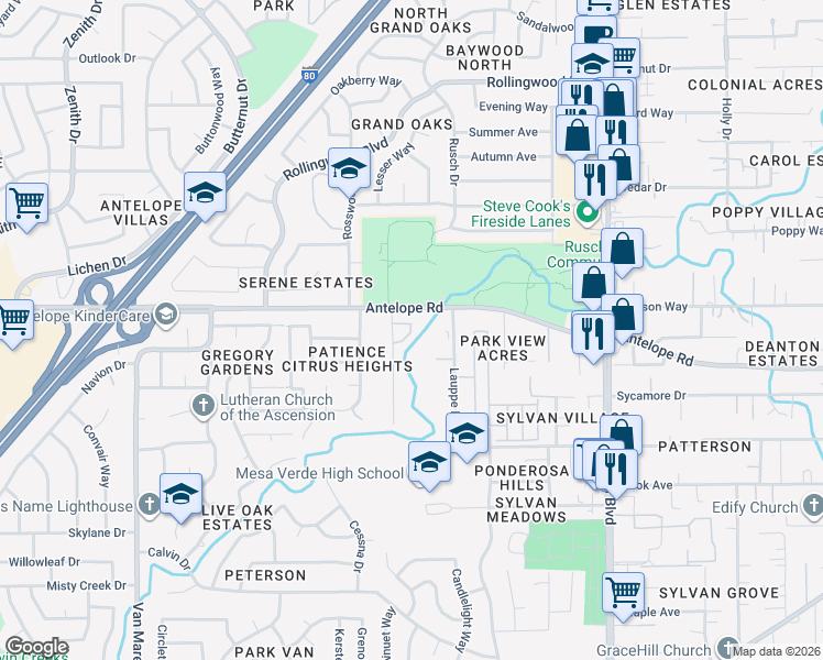 map of restaurants, bars, coffee shops, grocery stores, and more near 7764 Poplar Avenue in Citrus Heights