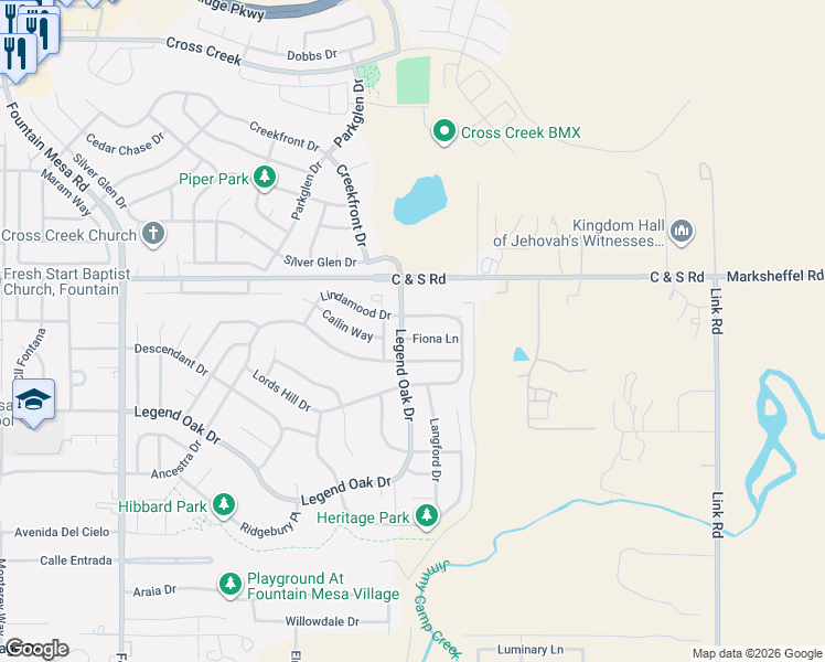 map of restaurants, bars, coffee shops, grocery stores, and more near 7616 Fiona Lane in Fountain