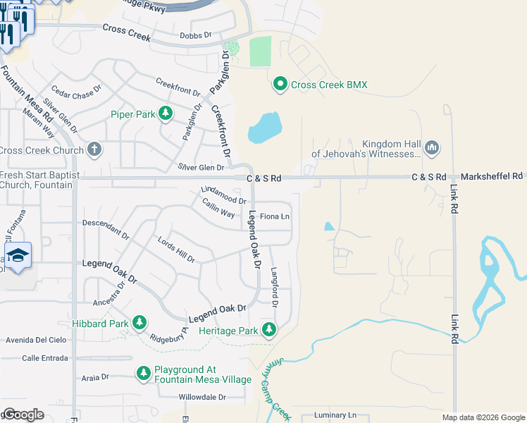 map of restaurants, bars, coffee shops, grocery stores, and more near 7624 Fiona Lane in Fountain