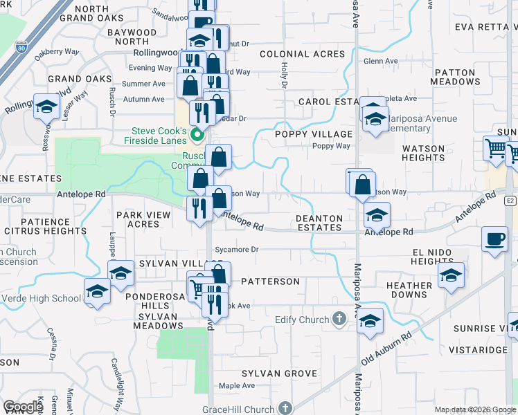 map of restaurants, bars, coffee shops, grocery stores, and more near 7574 Watson Way in Citrus Heights