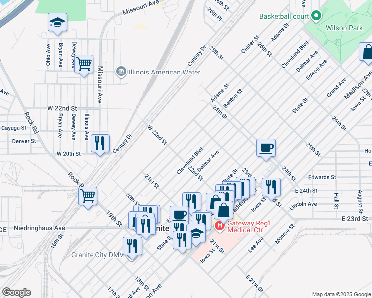 map of restaurants, bars, coffee shops, grocery stores, and more near 2231 Benton Street in Granite City