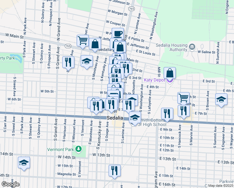 map of restaurants, bars, coffee shops, grocery stores, and more near 501 South Ohio Avenue in Sedalia