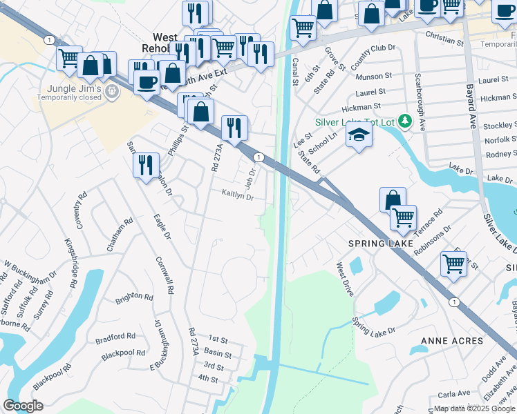 map of restaurants, bars, coffee shops, grocery stores, and more near 4157 Coastal Highway in Rehoboth Beach