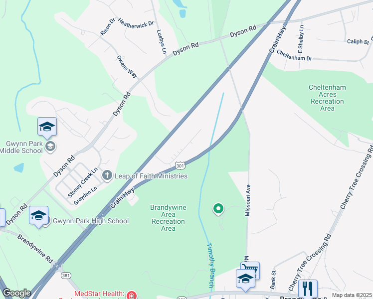 map of restaurants, bars, coffee shops, grocery stores, and more near 13302 Williams Drive in Brandywine