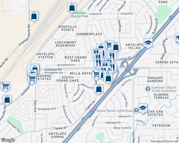 map of restaurants, bars, coffee shops, grocery stores, and more near 7808 Summerplace Drive in Citrus Heights