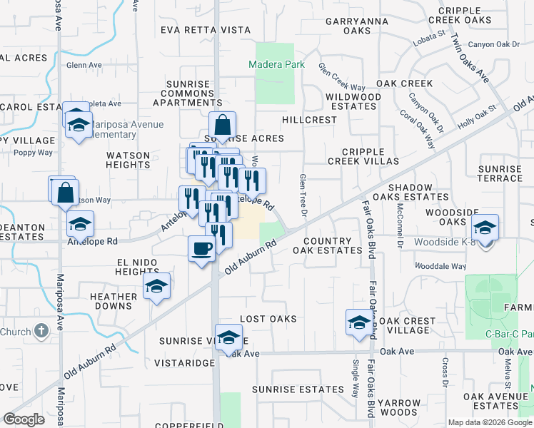 map of restaurants, bars, coffee shops, grocery stores, and more near 7944 Antelope Road in Citrus Heights