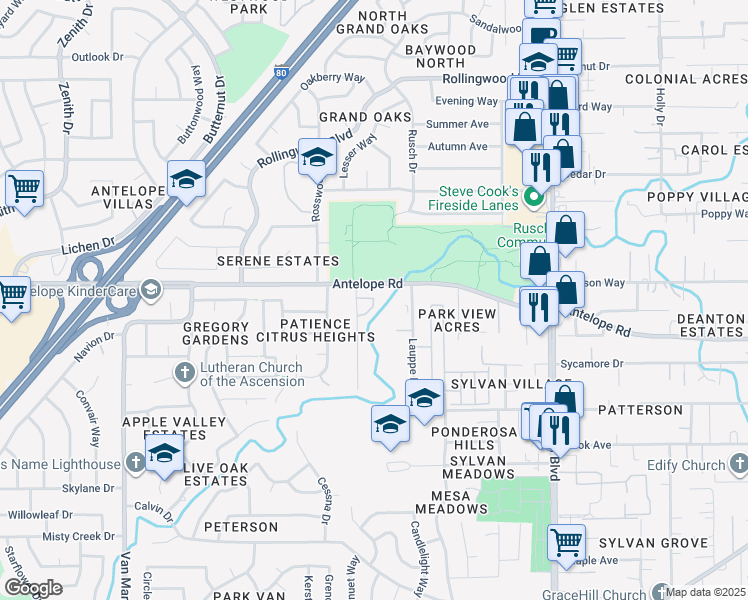 map of restaurants, bars, coffee shops, grocery stores, and more near 7764 Poplar Avenue in Citrus Heights
