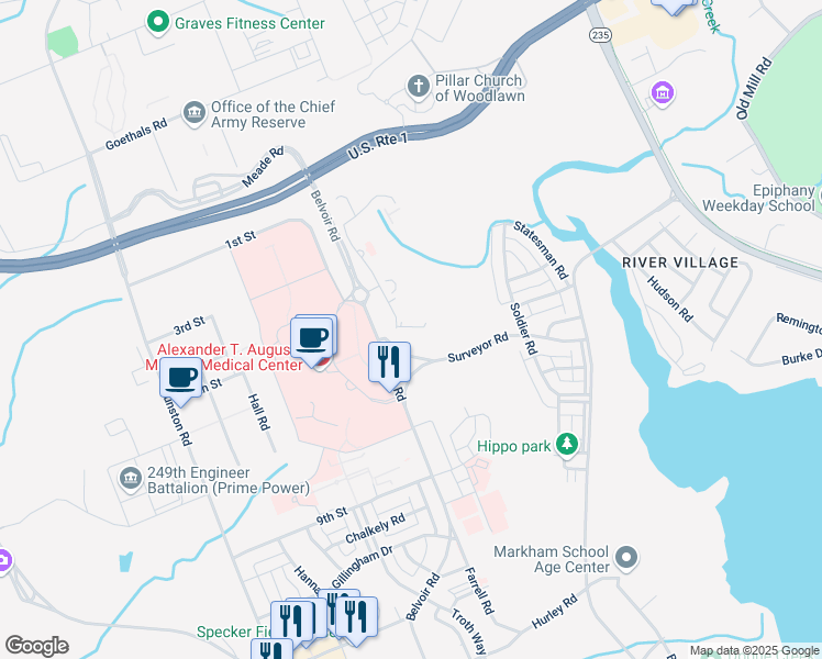 map of restaurants, bars, coffee shops, grocery stores, and more near 10300 Taylor Road in Fort Belvoir