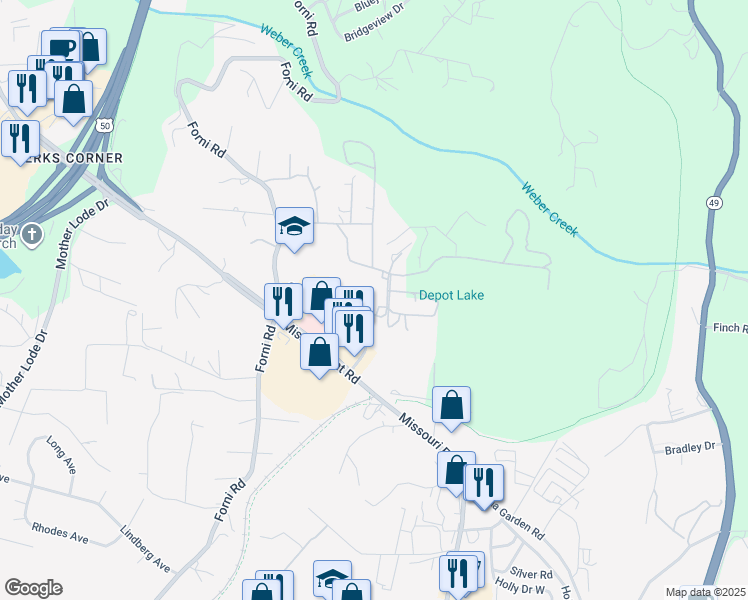 map of restaurants, bars, coffee shops, grocery stores, and more near 6021 Golden Center Court in Placerville