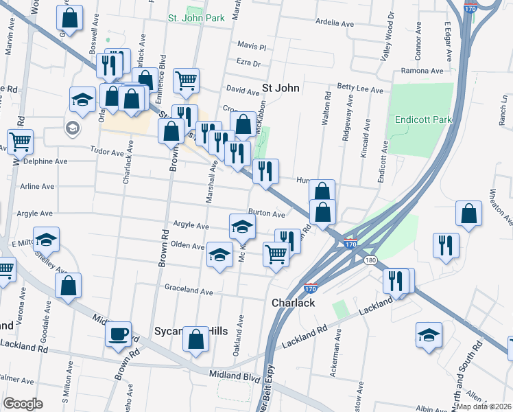 map of restaurants, bars, coffee shops, grocery stores, and more near 8700 Windom Avenue in St. Louis