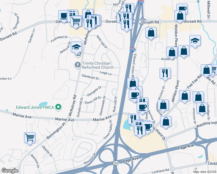 map of restaurants, bars, coffee shops, grocery stores, and more near 12422 Glenbush Drive in Maryland Heights