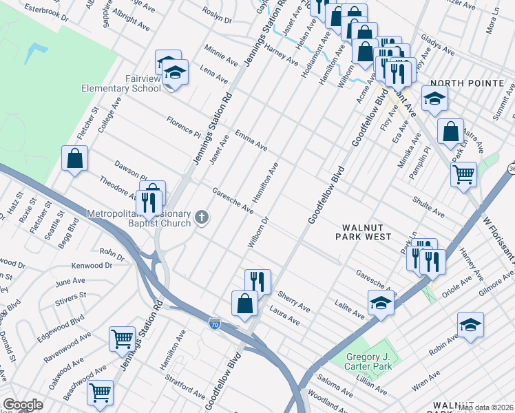 map of restaurants, bars, coffee shops, grocery stores, and more near 5411 Hamilton Avenue in Jennings