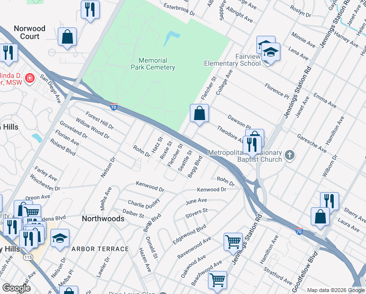 map of restaurants, bars, coffee shops, grocery stores, and more near 5209 College Avenue in Jennings
