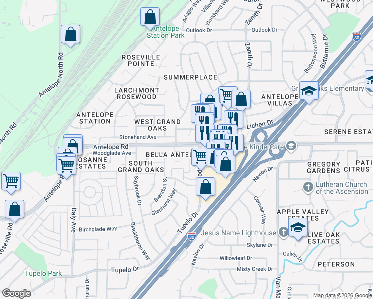 map of restaurants, bars, coffee shops, grocery stores, and more near 7808 Summerplace Drive in Citrus Heights