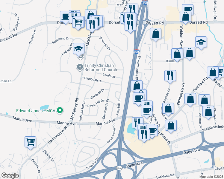 map of restaurants, bars, coffee shops, grocery stores, and more near 12422 Glenbush Drive in Maryland Heights