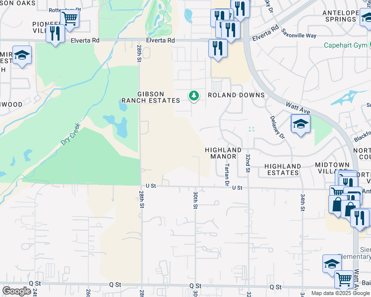 map of restaurants, bars, coffee shops, grocery stores, and more near 7670 Gibson Lane in Antelope