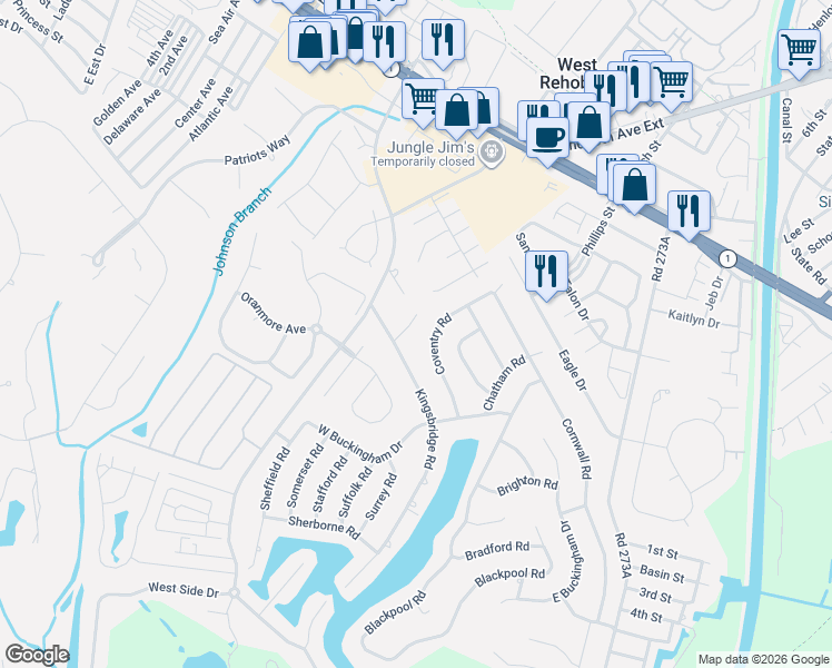 map of restaurants, bars, coffee shops, grocery stores, and more near 8 Canterbury Lane in Rehoboth Beach
