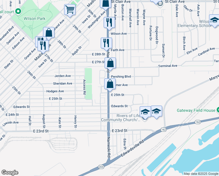 map of restaurants, bars, coffee shops, grocery stores, and more near 2510 Nameoki Road in Granite City