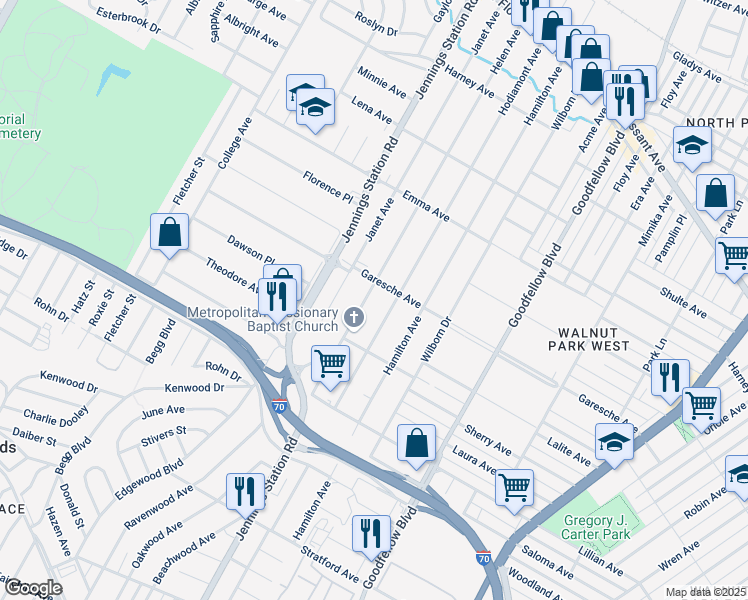 map of restaurants, bars, coffee shops, grocery stores, and more near 5356 Helen Avenue in Jennings