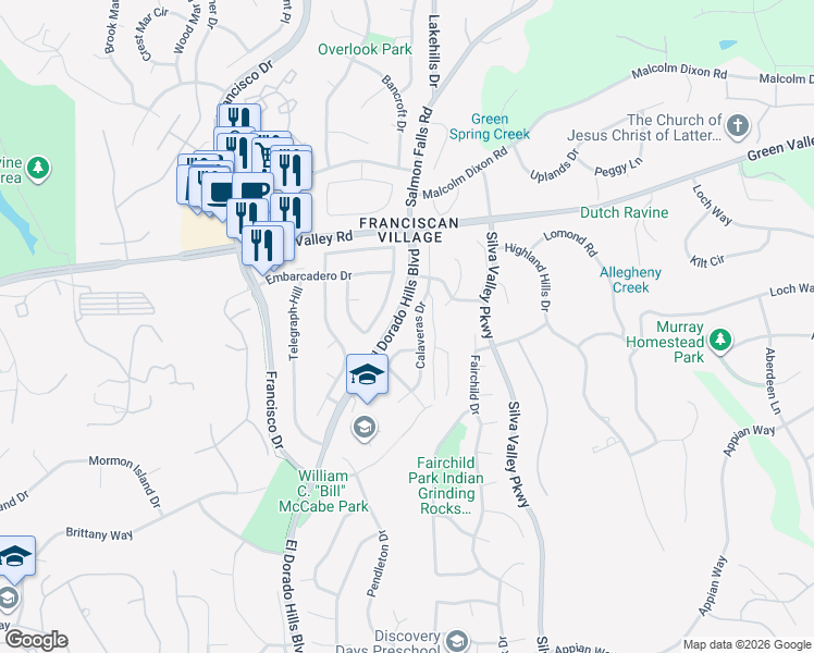 map of restaurants, bars, coffee shops, grocery stores, and more near 1870 Calaveras Drive in El Dorado Hills
