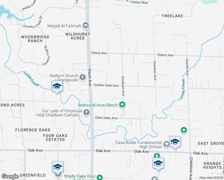map of restaurants, bars, coffee shops, grocery stores, and more near 8950 Golden Gate Avenue in Orangevale