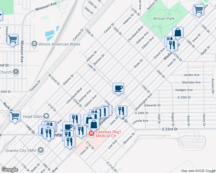 map of restaurants, bars, coffee shops, grocery stores, and more near 2400 Edison Avenue in Granite City