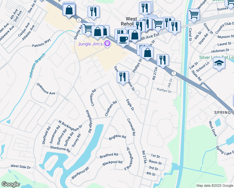 map of restaurants, bars, coffee shops, grocery stores, and more near 11 Cornwall Road in Rehoboth Beach