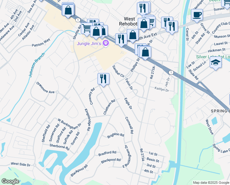 map of restaurants, bars, coffee shops, grocery stores, and more near 11 Cornwall Road in Rehoboth Beach