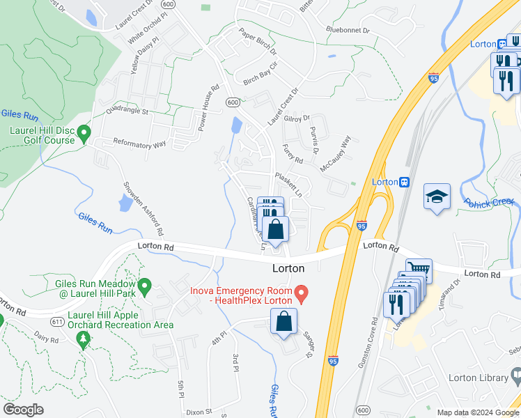 map of restaurants, bars, coffee shops, grocery stores, and more near 8208 Crossbrook Court in Lorton