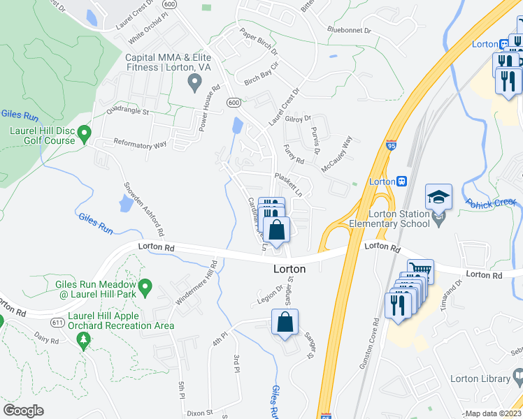 map of restaurants, bars, coffee shops, grocery stores, and more near 8202 Crossbrook Court in Lorton