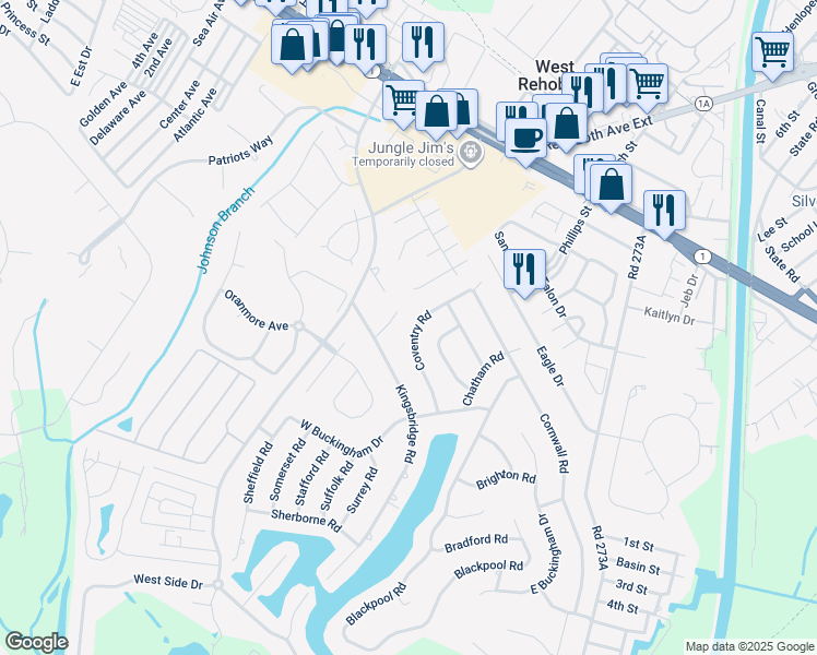 map of restaurants, bars, coffee shops, grocery stores, and more near 19 Coventry Road in Rehoboth Beach