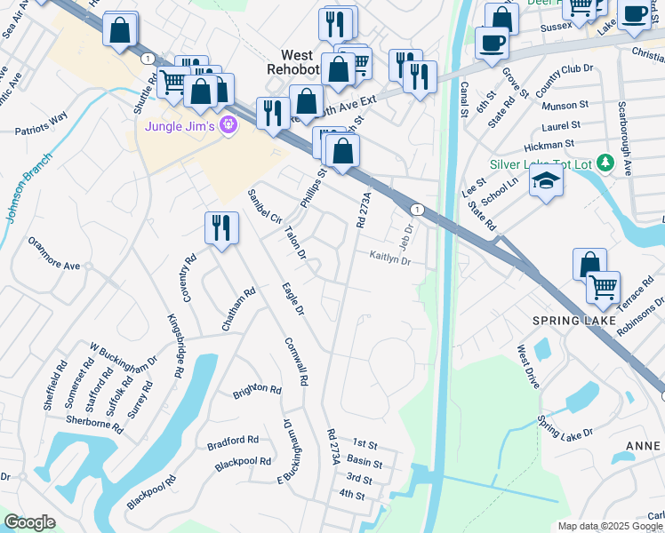 map of restaurants, bars, coffee shops, grocery stores, and more near 9 Eagles Landing in Rehoboth Beach