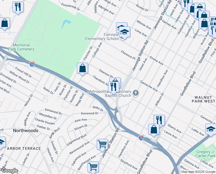 map of restaurants, bars, coffee shops, grocery stores, and more near 7032 Theodore Avenue in Jennings
