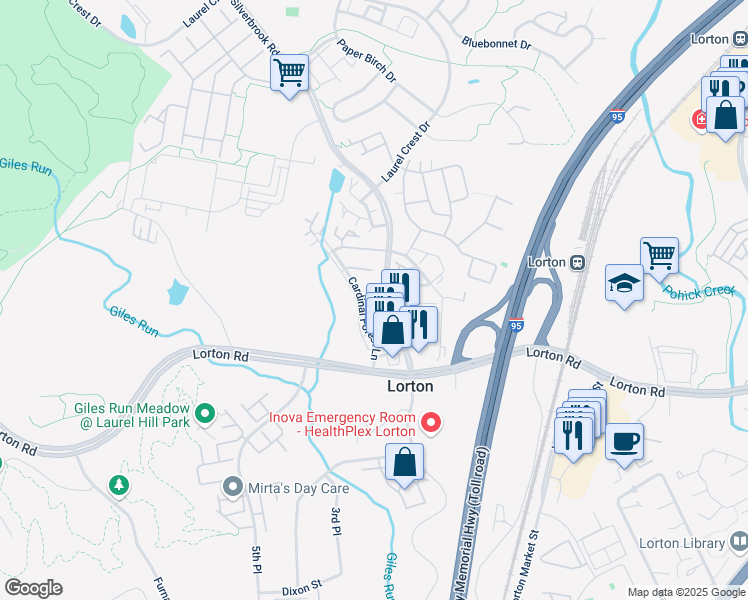 map of restaurants, bars, coffee shops, grocery stores, and more near 8202 Crossbrook Court in Lorton