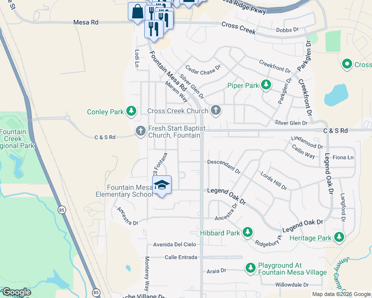 map of restaurants, bars, coffee shops, grocery stores, and more near 2148 El Camino Meseta in Fountain