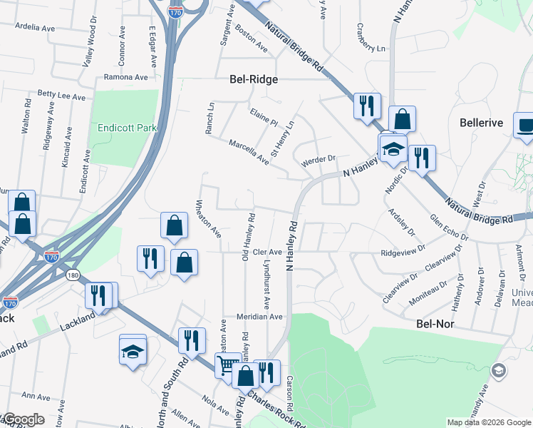 map of restaurants, bars, coffee shops, grocery stores, and more near 8709 Kendale Drive in St. Louis