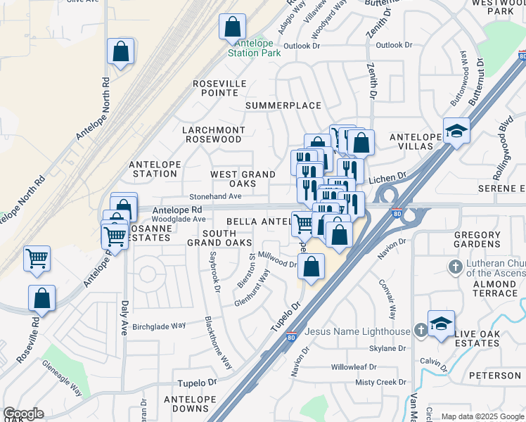 map of restaurants, bars, coffee shops, grocery stores, and more near 7763 Pompei Court in Citrus Heights
