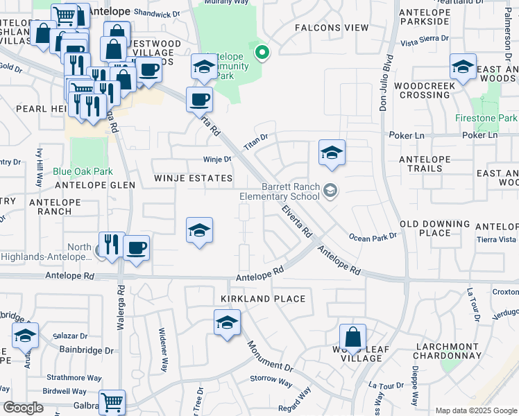 map of restaurants, bars, coffee shops, grocery stores, and more near 4604 Woodhawk Way in Antelope