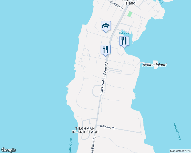 map of restaurants, bars, coffee shops, grocery stores, and more near 5680 Black Walnut Point Rd in Tilghman