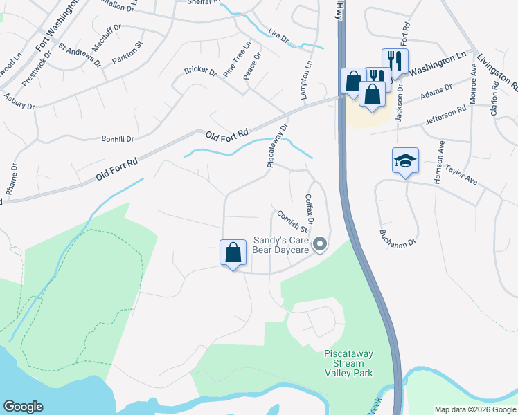 map of restaurants, bars, coffee shops, grocery stores, and more near 710 Kelly Road in Fort Washington