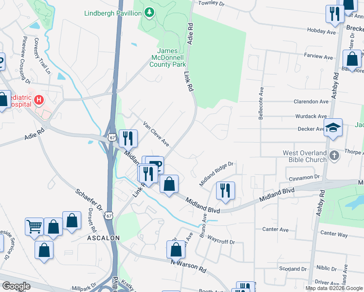 map of restaurants, bars, coffee shops, grocery stores, and more near 2736 Link Road in St. Louis
