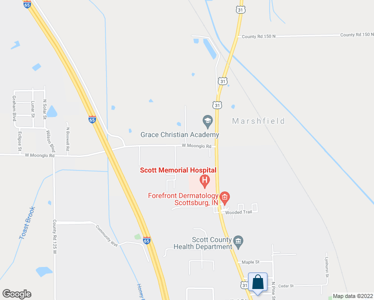 map of restaurants, bars, coffee shops, grocery stores, and more near 649 West Moonglo Road in Scottsburg