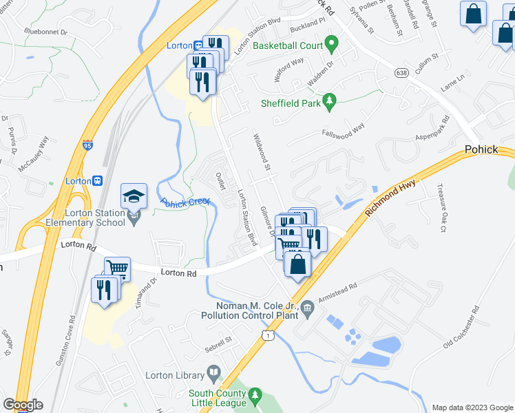 map of restaurants, bars, coffee shops, grocery stores, and more near 9206 Gilmore Drive in Lorton