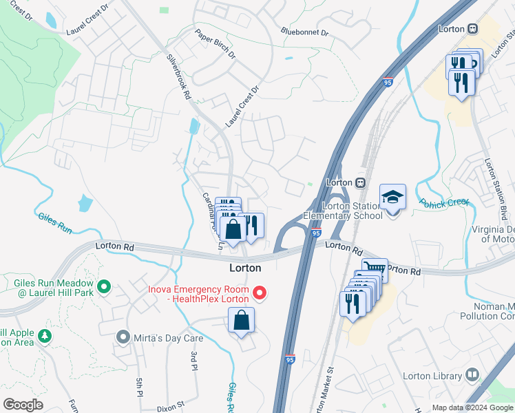 map of restaurants, bars, coffee shops, grocery stores, and more near 8184 Halley Court in Lorton