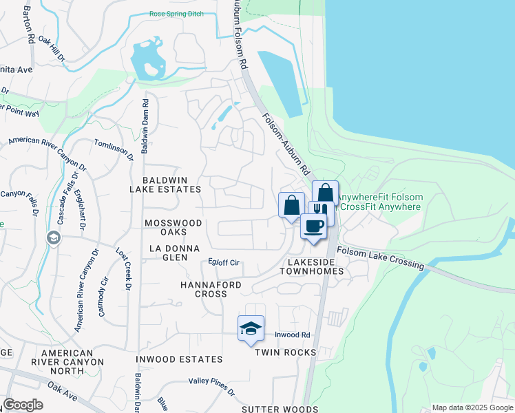 map of restaurants, bars, coffee shops, grocery stores, and more near 516 Southwood Drive in Folsom