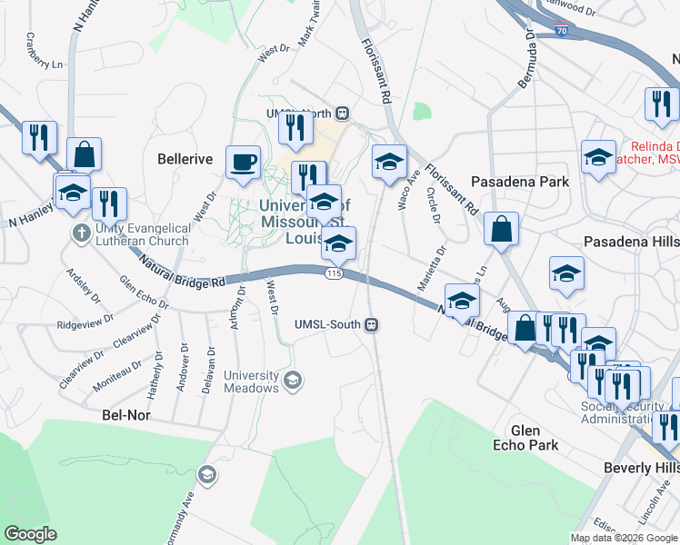 map of restaurants, bars, coffee shops, grocery stores, and more near 7837 Natural Bridge Road in St. Louis