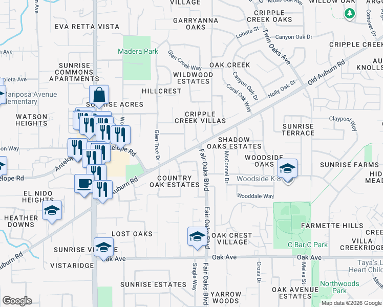 map of restaurants, bars, coffee shops, grocery stores, and more near 8084 Old Auburn Road in Citrus Heights
