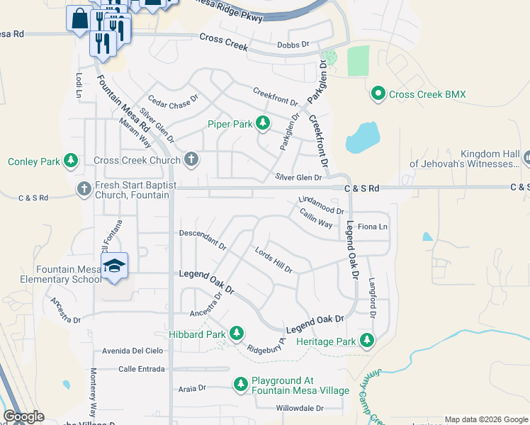 map of restaurants, bars, coffee shops, grocery stores, and more near 1224 Ancestra Drive in Fountain