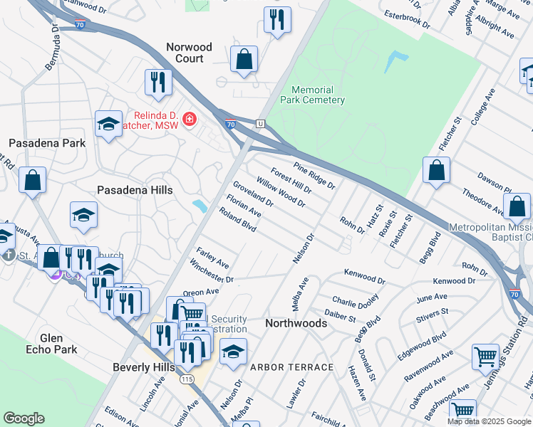 map of restaurants, bars, coffee shops, grocery stores, and more near 6937 Florian Avenue in St. Louis