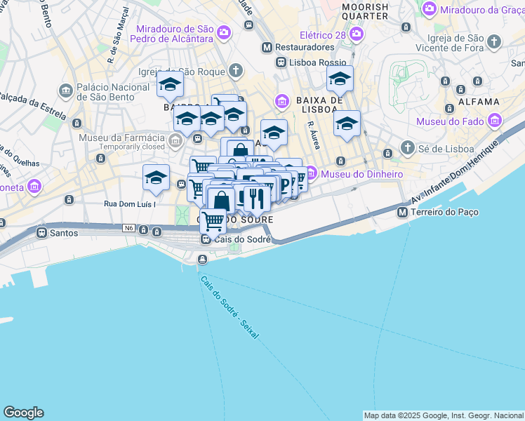 map of restaurants, bars, coffee shops, grocery stores, and more near 28 Largo do Corpo Santo in Lisboa